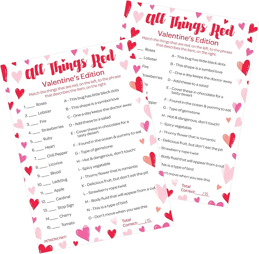 DISTINCTIVS Valentine's Day All Things Red Classroom Party Game - 25 Player Cards