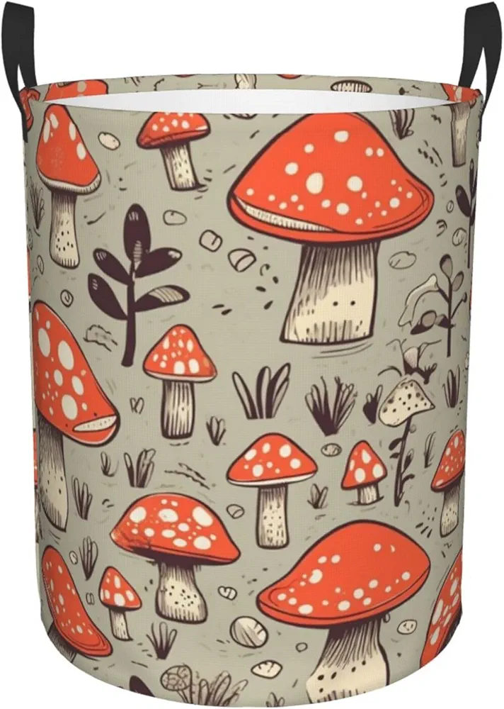 Cartoon Mushrooms Print Laundry Hamper Circular Laundry Basket Round Foldable Storage Basket Dirty Clothes Organizer Storage Bin With Handles For Office Living Room Bathroom Car