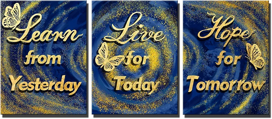 LevvArts 3 Piece Blue and Gold Canvas Decor Motivational Quotes Wall Art Life Inspirational Positive Sign Saying Poster Painting Artwork Framed for Home Living Room Bedroom Decorations Framed