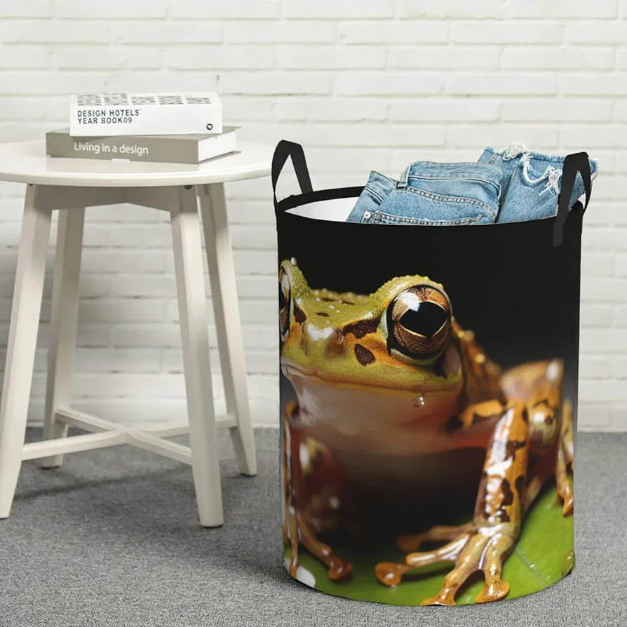 Laundry Basket Waterproof Laundry Hamper With Handles Dirty Clothes Organizer Cute Camouflage Frog Print Protable Foldable Storage Bin Bag For Living Room Bedroom Playroom, Small, Black