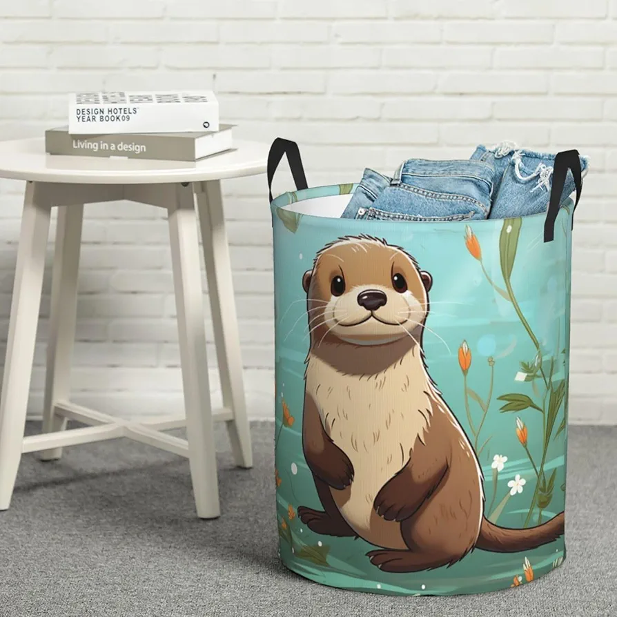 Laundry Basket Waterproof Laundry Hamper With Handles Dirty Clothes Organizer Cartoon Cute Otter Print Protable Foldable Storage Bin Bag For Living Room Bedroom Playroom, Medium, Black