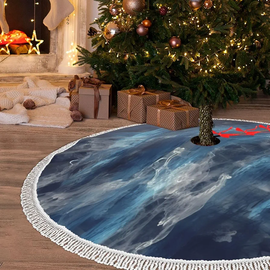 Christmas Tree Skirt with Tassel Abstract Blue 48" Xmas Tree Skirts Tassel Tree Mat Ornament for Home Indoor Outdoor Room Holiday Decoration