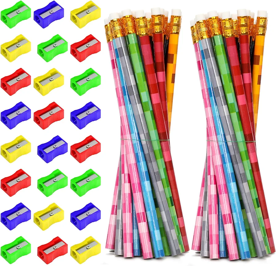 48PCS Pixel Miner Party Favors - Mine Birthday Party Supplies Pencil & Sharpener Set, Goodie Bag Stuffers Classroom Prize, Mining Themed Video Game Party Stationery for Kids Boys Birthday Gift