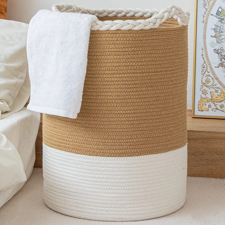 72L Woven Laundry Basket,Tall Wicker Laundry Basket for Blankets,Clothes,Pillows,Toys,Shoes Large Cotton Laundry Hamper for Bedroom Living Room Bathroom Nursery White Brown