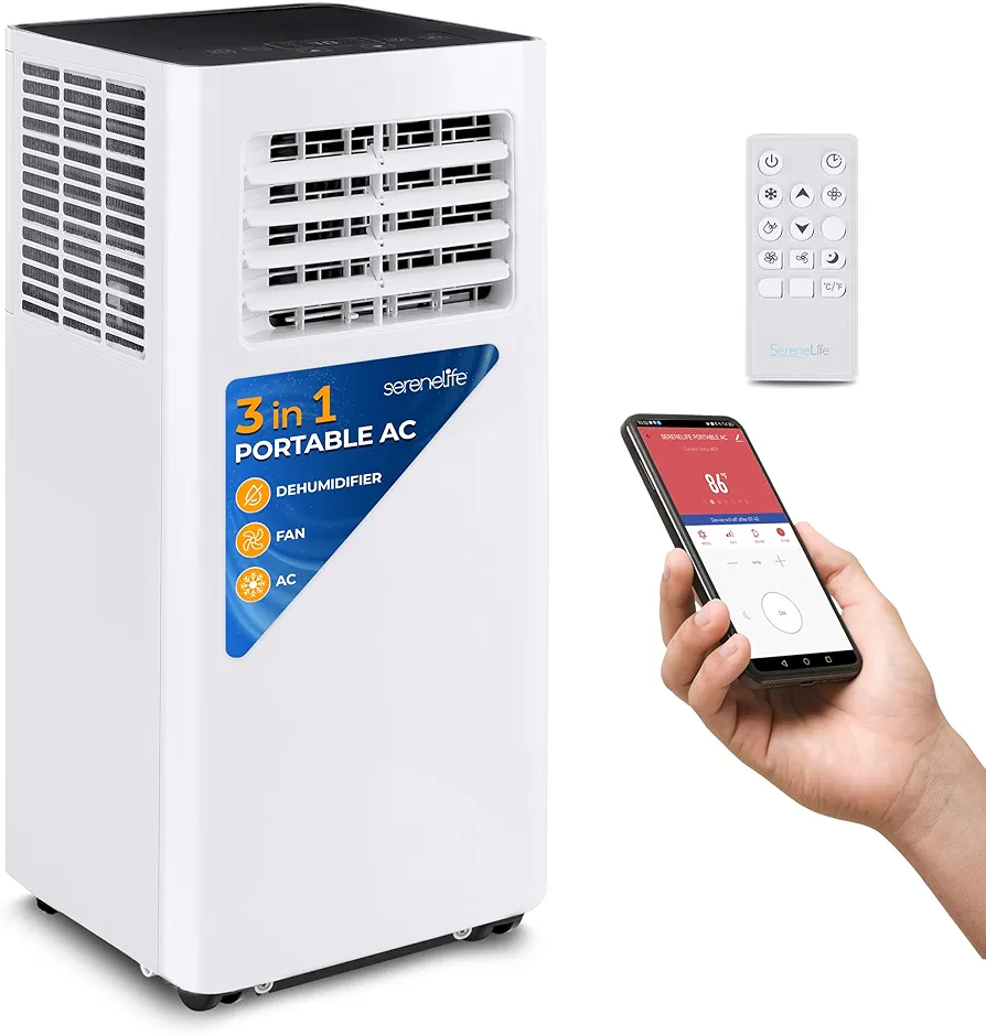 SereneLife Small Air Conditioner Portable 10,000 BTU with Built-in Dehumidifier - Portable AC unit for rooms up to 450 sq ft - WiFi app + Remote Control, Window Mount Exhaust Kit