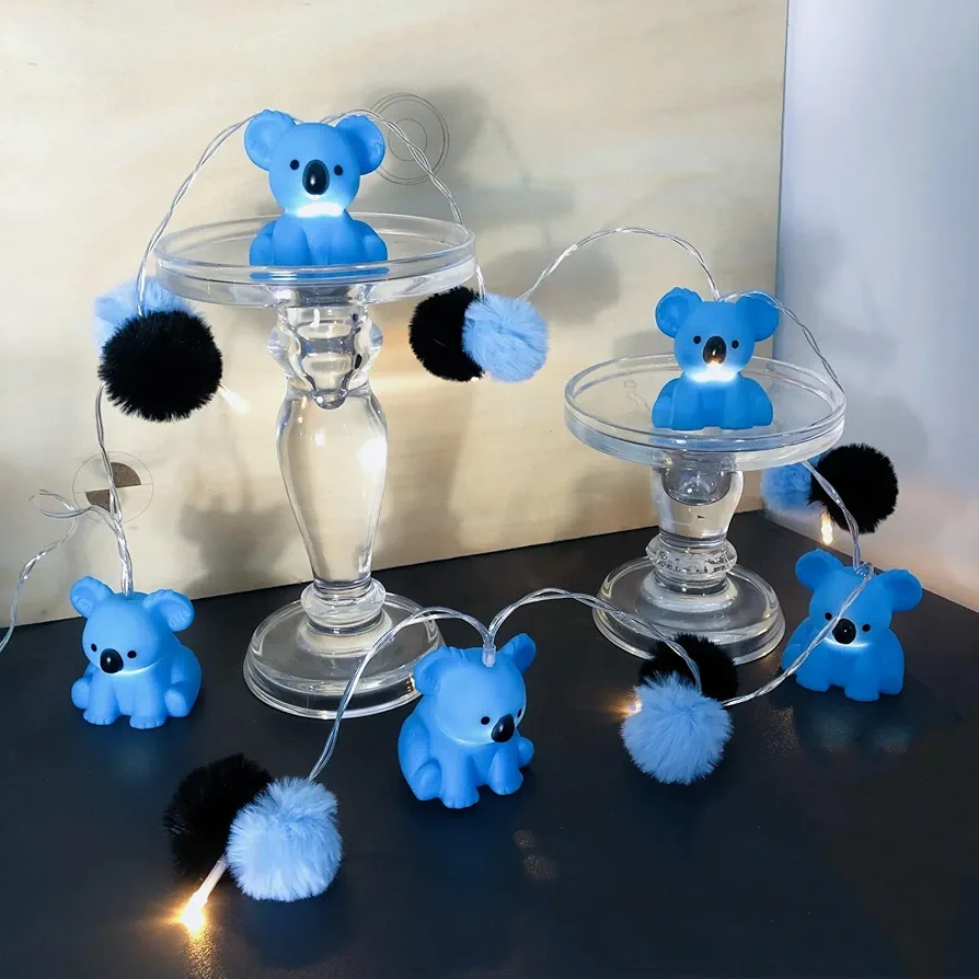 Novelty LED String Light with Pom Poms and Painted Cartoon Animals Koala Adornment Battery Powered Warm White Fairy Light for Kids Room Christmas Halloween Decoration (1.65m/10leds, Blue koala)