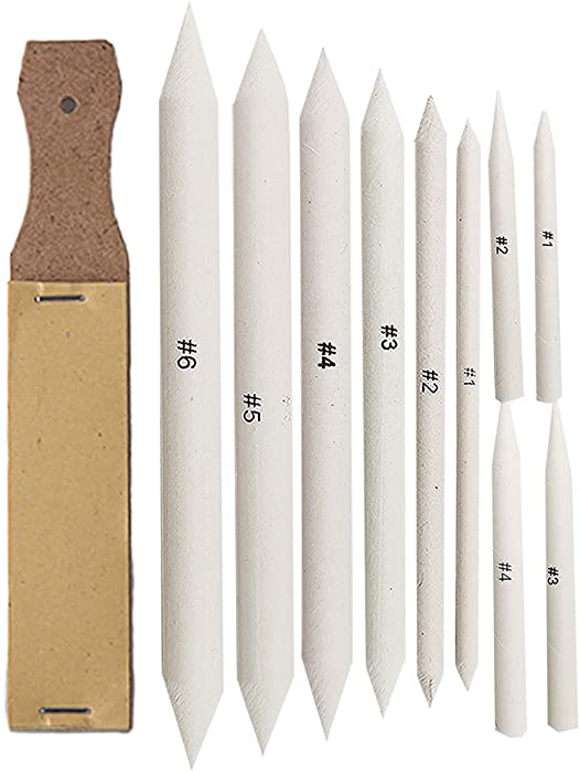 Meikeer 10 PCS Blending Stumps and Tortillions Paper Art Blenders with 1 Sandpaper Pencil Sharpener Pointer for Student Artist Charcoal Sketch Drawing Tools