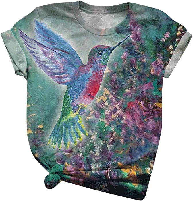 Oil-Painting Casual Tees Tops for Women, Short Sleeve Animal Sunflower Color Loose Blouses Summer Pullover Tanks