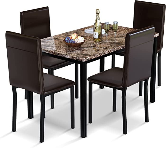 AWQM 5 Piece Dining Table Set for 4,Faux Marble Kitchen Table and Chairs for 4, Modern Dining Room Table Set with PU Leather Chairs, Dinette for Small Spaces,Breakfast Nook,Living Room, Brown