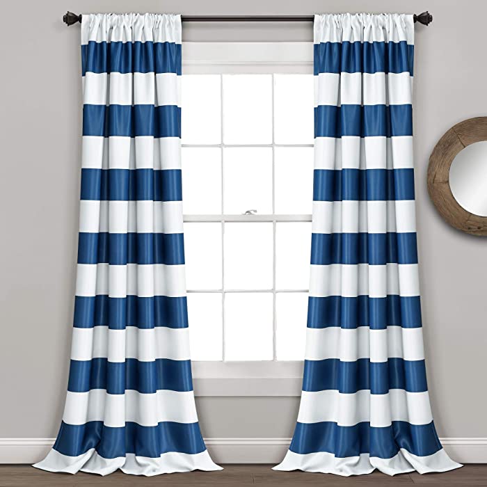 Lush Decor, Navy Stripe Blackout Curtains | Room Darkening Window Panel Set (Pair), 95” x 52