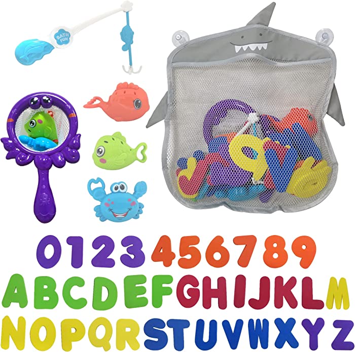 Aubrogo Bath Toys Set-Bath Toys for Toddlers 1-3-Bathtub Shower Toys Fishing Game with Fish Net Squirt Toys Stoarge Bag, Foam Bath Letter and Number Bath TIme for Toddlers Boys and Girls