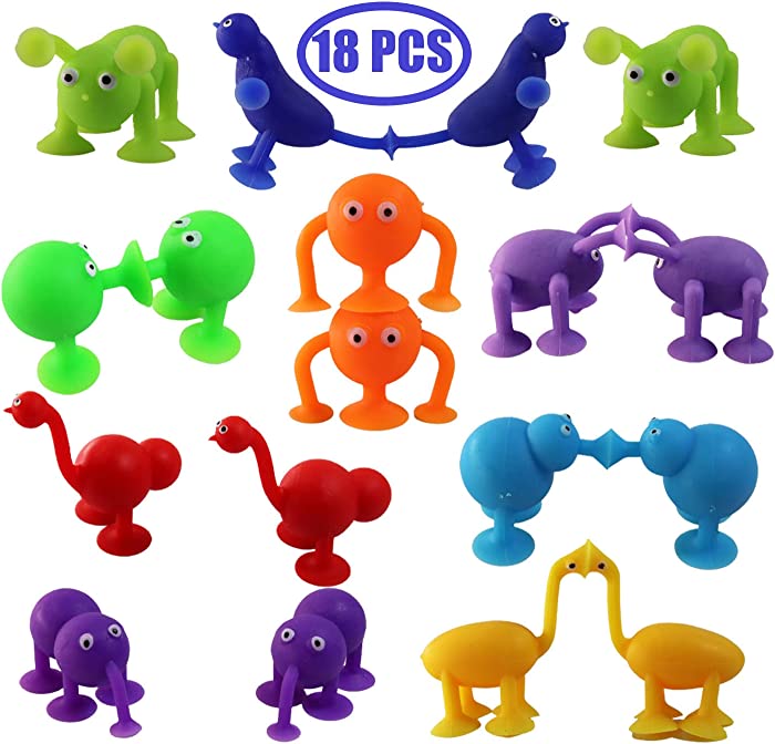 18 Pieces Silicone Suction Toys Pack,Sucker Cup Bath Toys Set for Kids,Building Blocks Suction Toy,Animal Shape Sucker Toys for Stress Release,Travel Toys,Parent-Child Interactive Game Toys