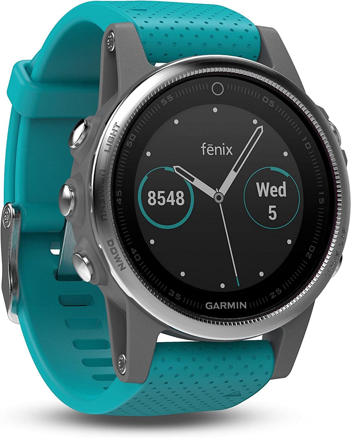 Garmin fēnix 5s, Premium and Rugged Smaller-Sized Multisport GPS Smartwatch, Silver/Turquoise