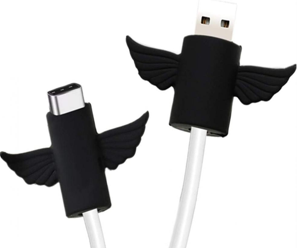 Cable Protector Compatible with iPhone iPad Android Samsung Galaxy Cable Plastic Cute Angel Wings Phone Accessory USB Charger Data Protection Cover Chewers Earphone Cord Bite (Black)