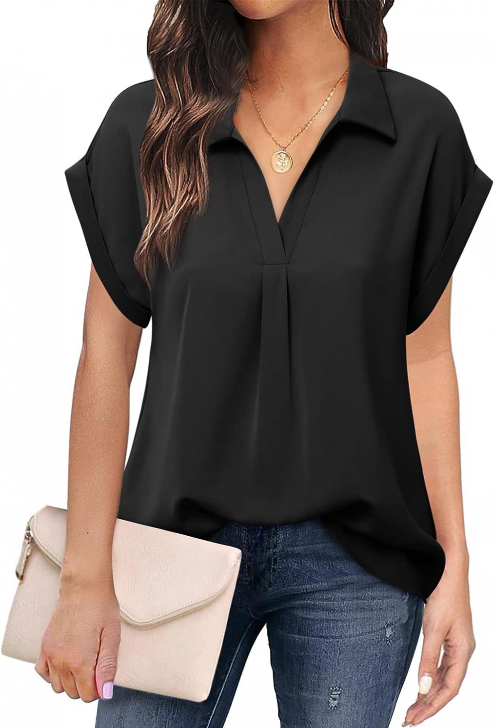 Messic Womens Short Sleeve Blouses Collared V Neck Shirts Chiffon Summer Business Casual Tops