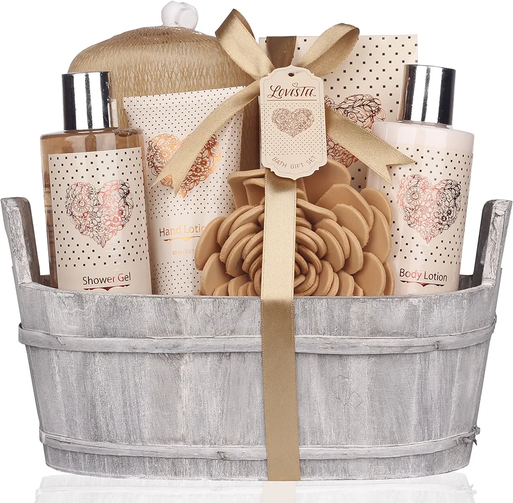 Spa Gift Basket – Bath and Body Set with Vanilla Fragrance by Lovestee - Gift Basket Includes Shower Gel, Body Lotion, Hand Lotion, Bath Salt, Eva Sponge and a Bath Puff