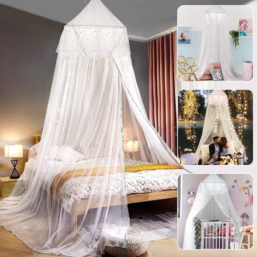 Bed Canopy for Girls, Canopy Bed Curtains with Star for Single to King Size, Netting Bed Ceiling Tent Round Lace Dome Curtain, Bedroom Reading Corners Room Decor for Twin Girls Baby Adults - White