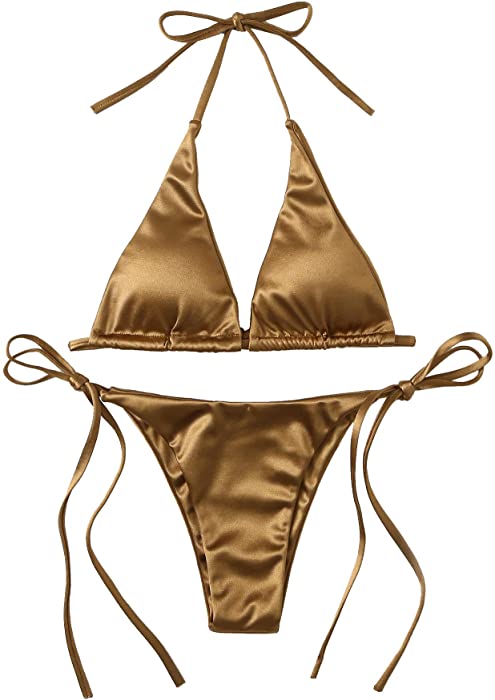 SOLY HUX Women's Metallic Halter Top Two Piece Swimsuit Tie Side Triangle Bikini