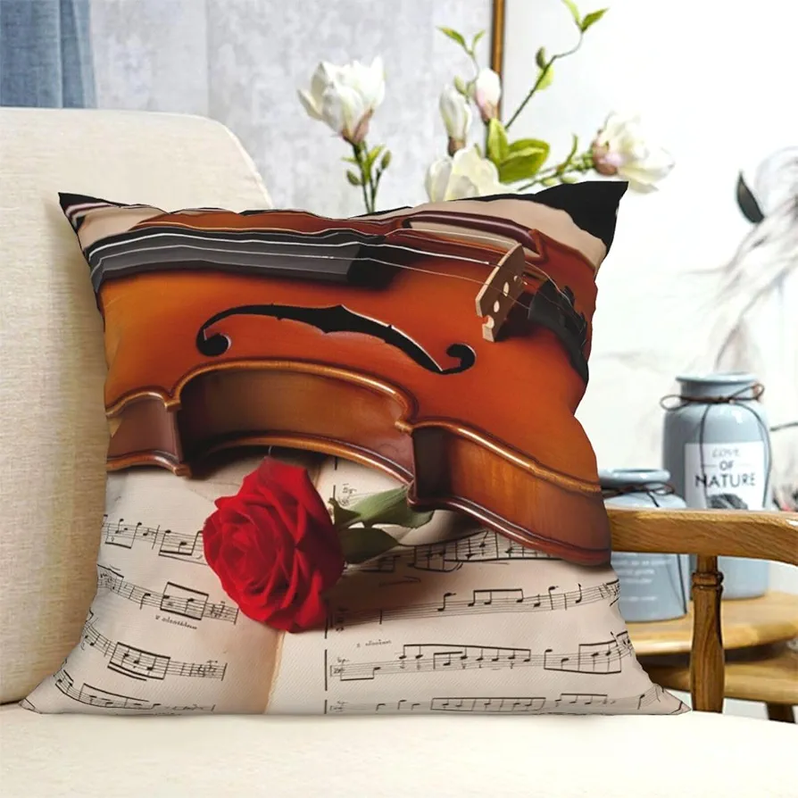 Decorative Throw Pillow Covers 12"x12" Square Pillow Covers for Sofa Violin Sheet Music Double Sided Throw Pillow Cases Soft Plush Decorative Cushion Cover for Living Room