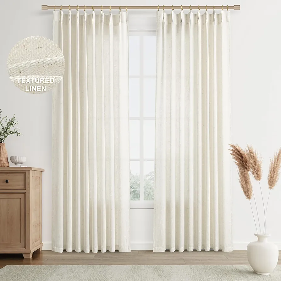 Joywell Linen Pinch Pleated Window Curtains 84 Inch Long,Back Tab Clip Rings Semi Sheer Light Filtering Drapes with Hooks for Bedroom Living Room Decor,W50 x L84,Natural Beige,2 Panels 7 FT