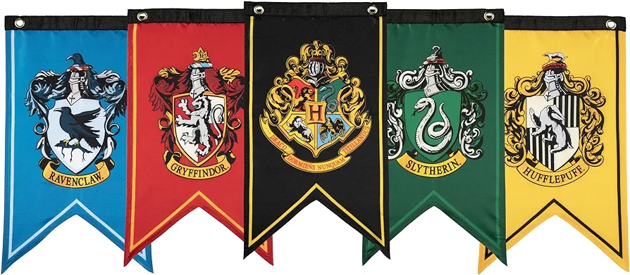 Conquest Journals Harry Potter Wizarding House Banner Flag Set, 12'' x 20'' Polyester Flags, Set of 5 Includes Hogwarts Crest, Gryffindor, Slytherin, Ravenclaw & Hufflepuff Banners, Birthday Party