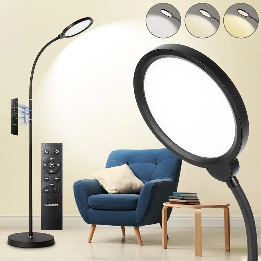 LED Floor Lamp, 12W/1000LM Reading Light, 3 Color Temperatures Bright Modern Tall Lamp, Adjustable Gooseneck Standing Lamp with Remote & Touch Control for Living Room, Bedroom, Office