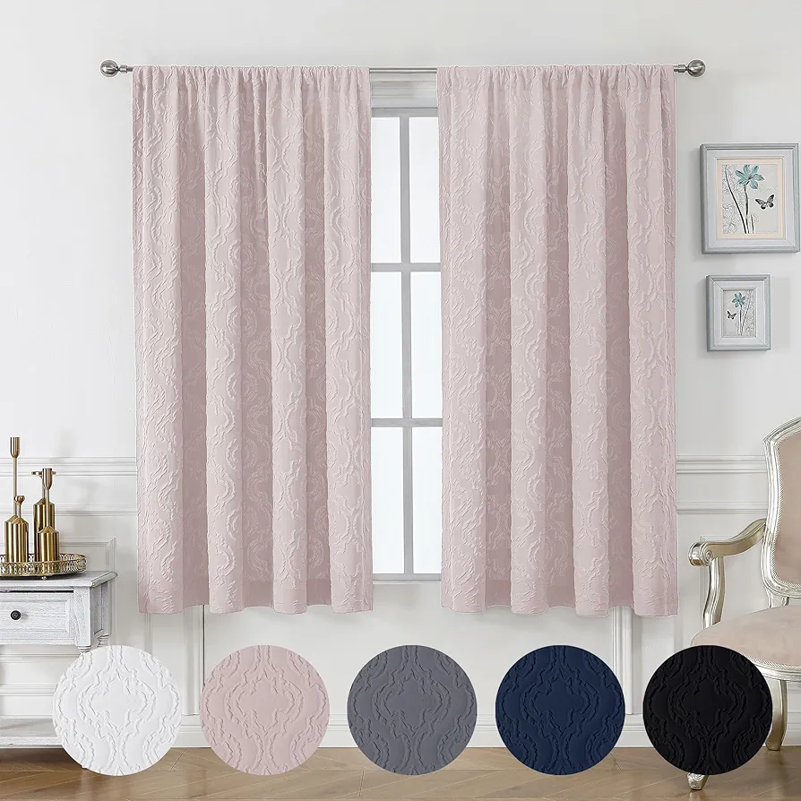 OVZME Doven Blush Semi Curtains for Girl's Bedroom, Textured 3D Embossed Curtains 63 Inches Long Kitchen Curtains, Soft Thermal Insulated Drapes, Casual Rod Pocket Light Filtering Curtains, W52xL63