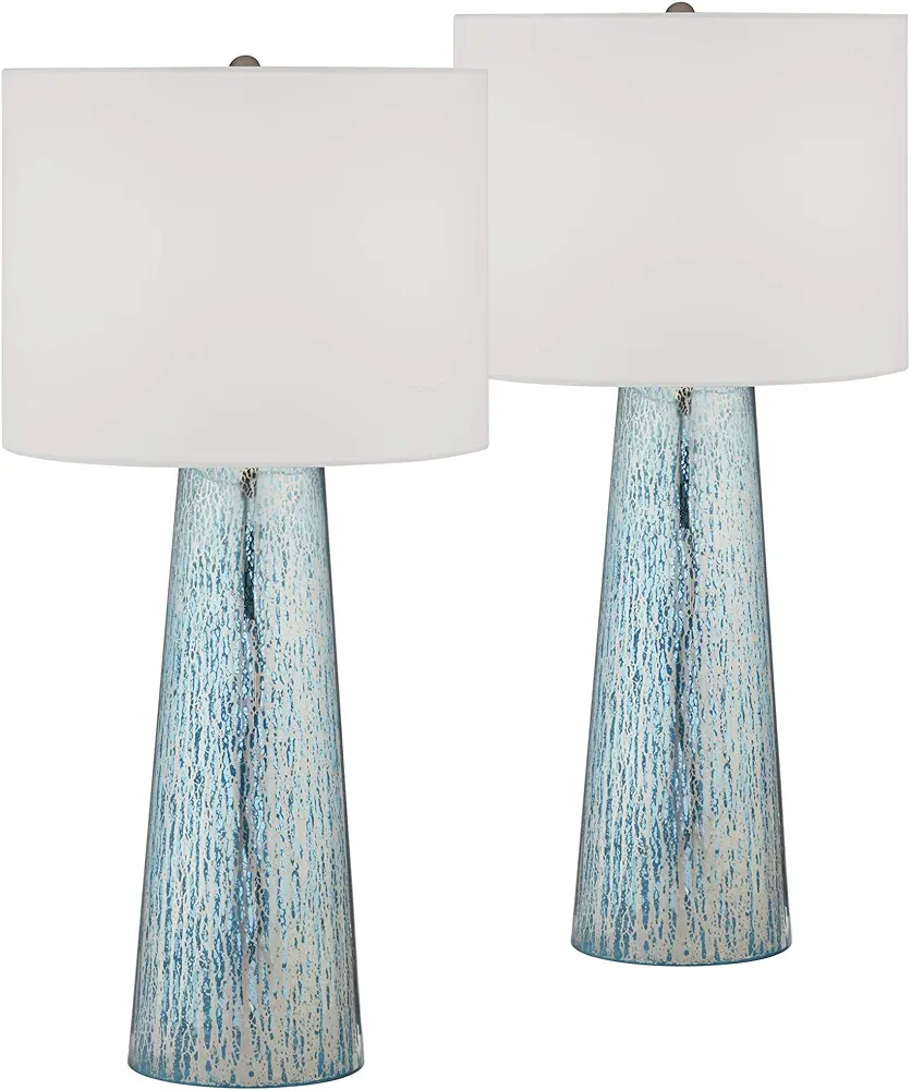 360 Lighting Marcus Modern Coastal Table Lamps 30" Tall Set of 2 Hand-Applied Mercury Glass Tapered Column White Drum Shade for Living Room Bedroom House Bedside Home Office (Color May Vary)