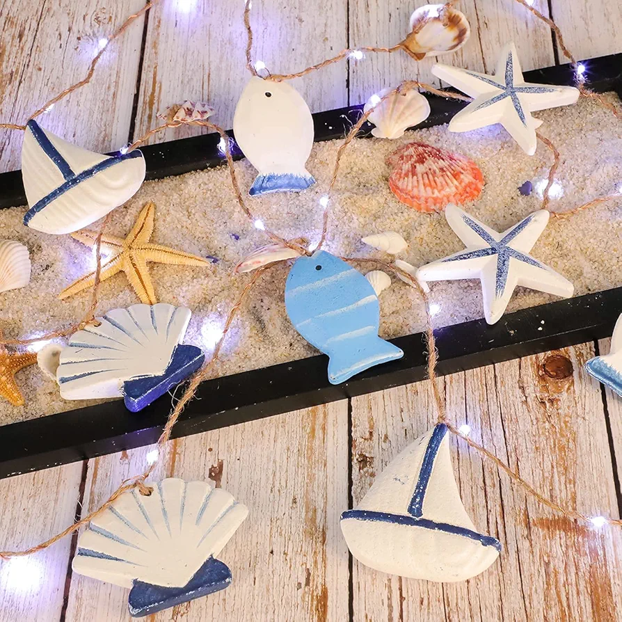 Nautical String Lights 10ft 30LEDs with 20 Big Fish Sailboat Starfish Shells Decorations and Hemp Rope Battery/USB Operated for Ocean Themed Decor Mermaid Party Coast Room Decor