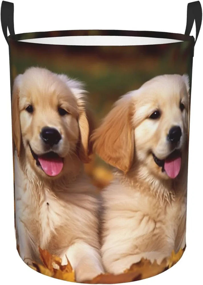 Golden Retriever Dogs Puppies Pets Print Laundry Hamper Circular Waterproof Storage Basket Protable Dirty Clothes Hamper Storage Bin For Home Organizer Living Room Bathroom Car