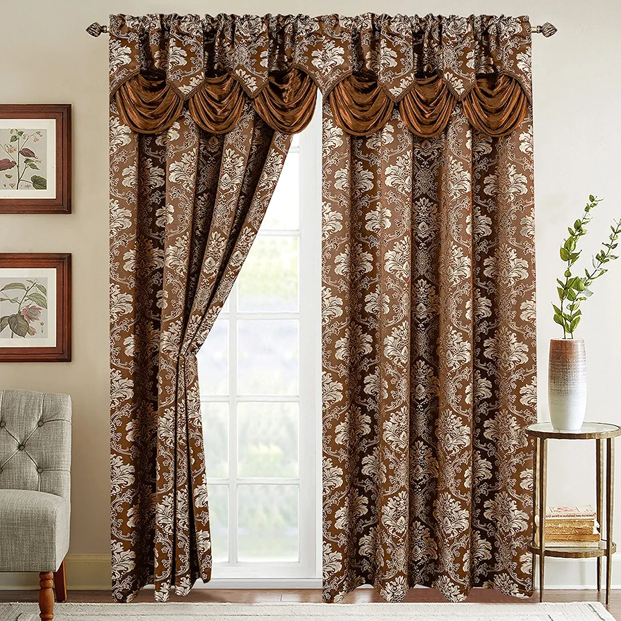 Elegant Comfort Jacquard Look Curtain Panel Set with Attached Waterfall Valance, (SET of 2), 54 x 84 Inches, Chocolate Brown