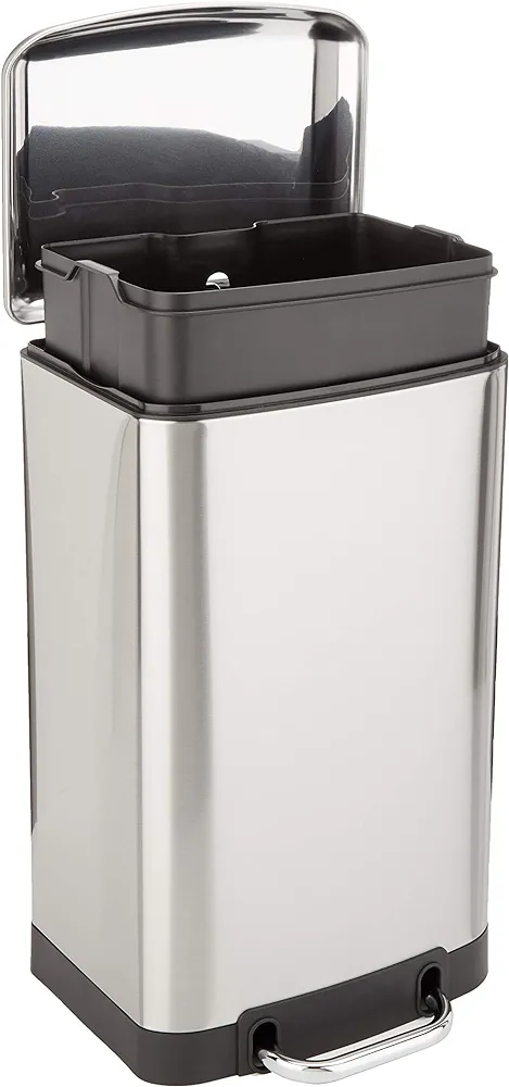 Amazon Basics Smudge Resistant Small Rectangular Trash Can with Soft-Close Foot Pedal for Bathroom, Bedroom, Living room or Office, 20 Liter / 5.3 Gallon, Nickel