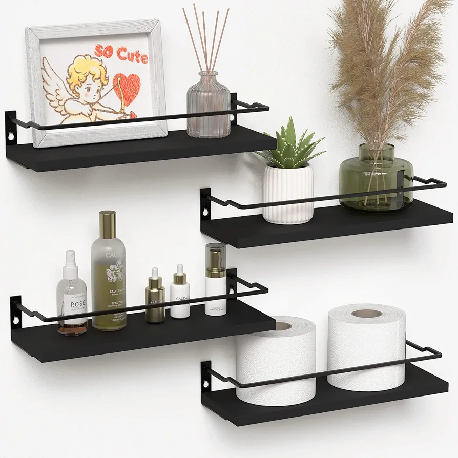 RICHER HOUSE Bathroom Floating Shelves with Guardrail, Set of 4 Wall Mounted Small Storage Bathroom Shelves, Rustic Bathroom Shelves Over Toilet, Wall Shelves for Kitchen Living Room Bedroom - Black