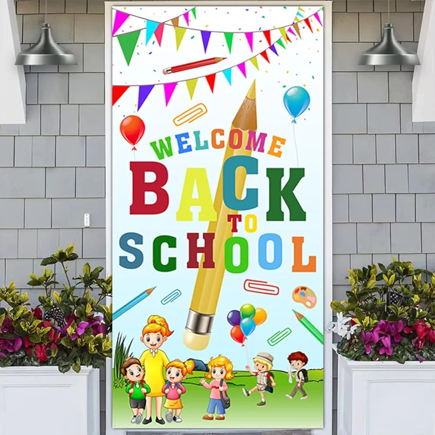 Classroom Welcome Door Cover - Welcome Banner Wall Door Decor with Pencil, Welcome Front Door Porch Sign Back To School Hanging Banner Decoration for Classroom Background, 70.8"x35.4"(Random Style)