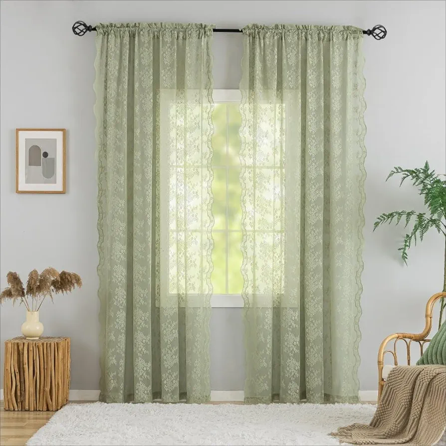 Sage Green Curtains 84 Inch Length 2 Panels Set Vintage Floral Lace Sheer Voile Window Curtains/Drapes for Bedroom Living Room Kitchen Hallway Rod Pocket Spring Summer Boho Decor 52Wx84L Sage Green