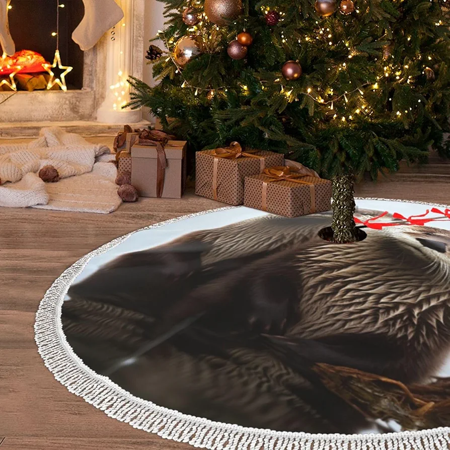 Christmas Tree Skirt with Tassel Cute Otter 36" Xmas Tree Skirts Tassel Tree Mat Ornament for Home Indoor Outdoor Room Holiday Decoration