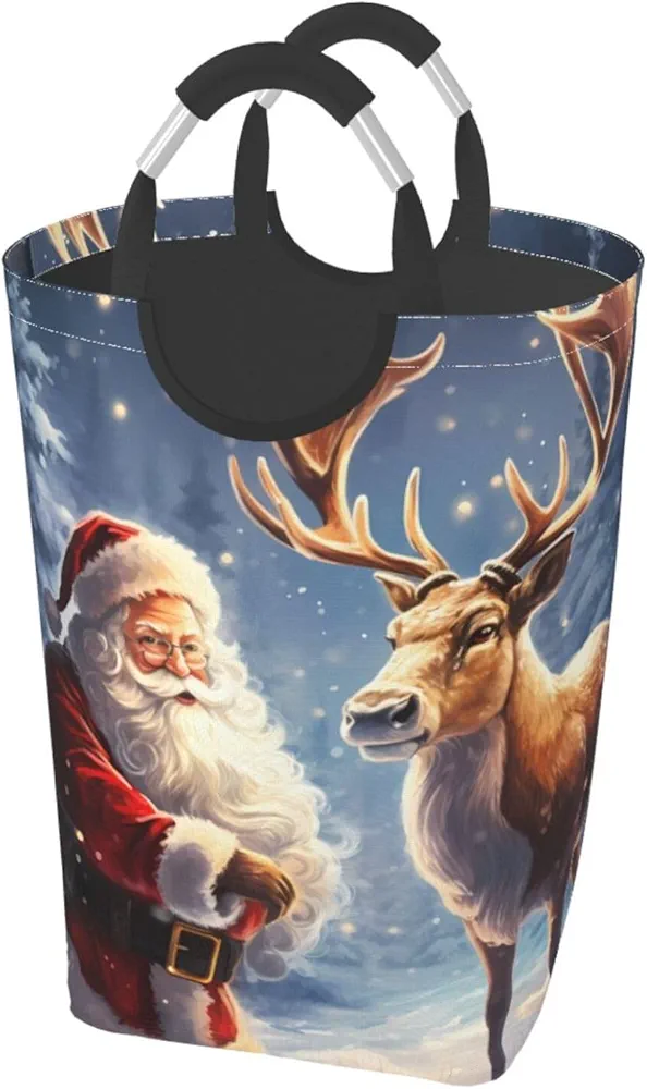 Laundry Basket Collapsible Clothes Hamper for Dirty Clothes, Laundry Bag with Handles Blanket Toys Storage Blanket, Dorm Room Essentials Accessories - Santa Claus and Deer Elk