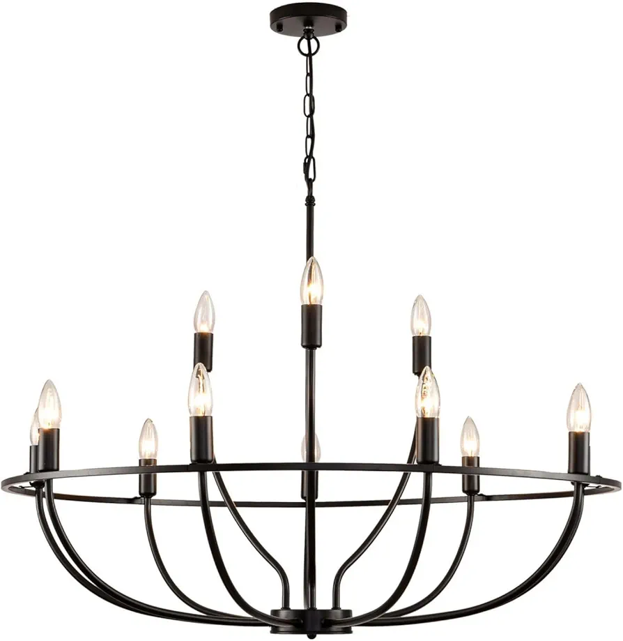 Black Chandeliers for Dining Room: 12-Light Farmhouse Dining Room Light Fixture, Rustic Industrial Kitchen Island Lighting, Round Chandelier Light Fixture, for Living Room, Bedroom, Foyer, Entryway