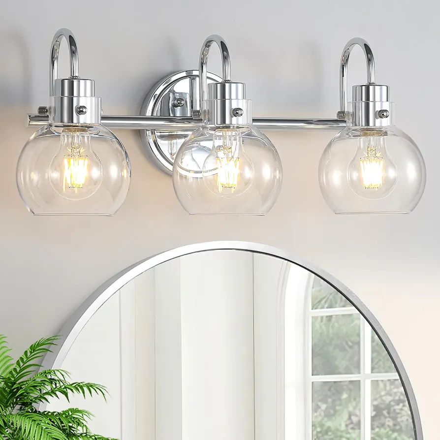 Bathroom Light Fixtures Polished Chrome 3 Light Vanity Light Wall Sconces Lighting with Clear Globe Glass Shades Bath Wall Mount Lamp for Mirror Kitchen Porch Living Room Bedroom Hallway(E26)