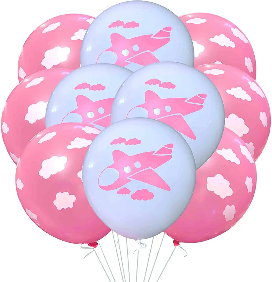 Pink Airplane Latex Balloons 12 Count, Airplane Balloons for Birthday Party, Pink Jet Party, Baby Shower, Classroom Decoration Girl Pilot Balloons, Pilot Birthday 12 Inch Standard Size (Pink & Clouds)