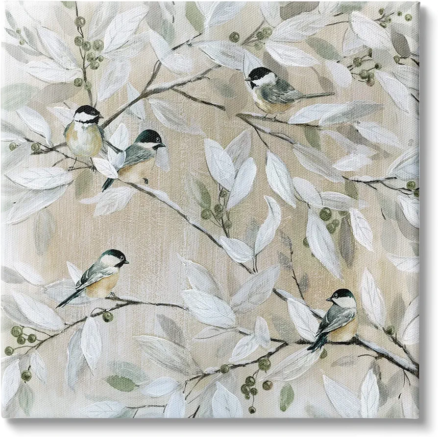 Stupell Industries Chickadee Birds on Tree Branches Soft Berry Fruits, Design by Carol Robinson Canvas Wall Art, 17 x 17, White