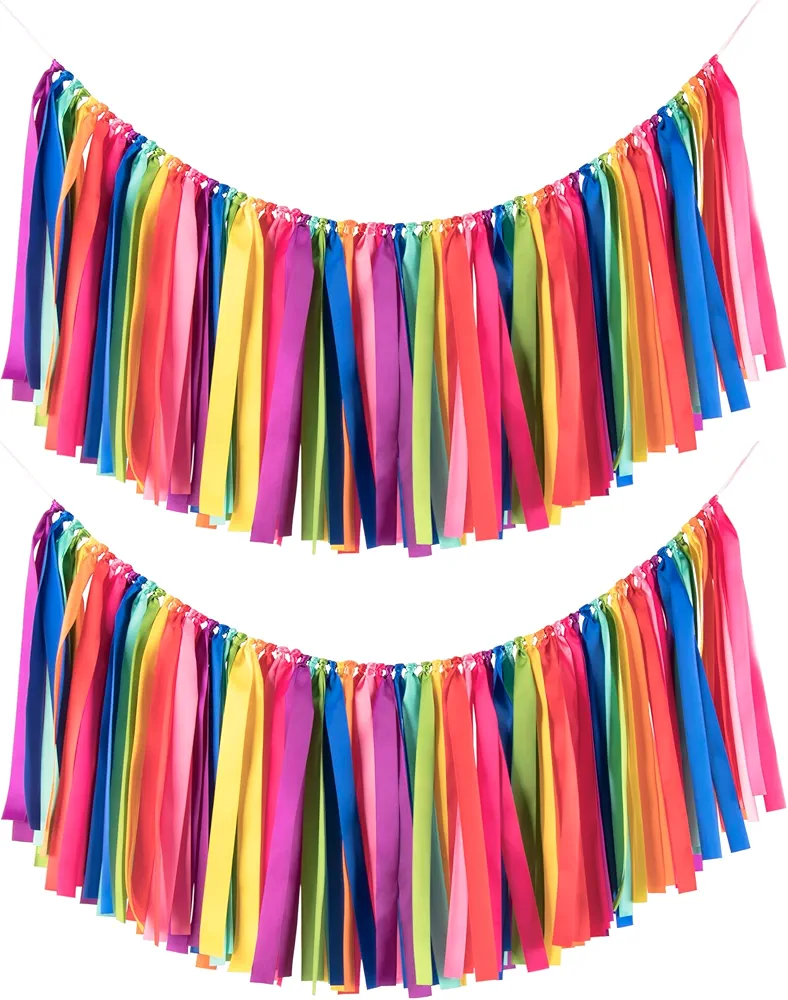 2 Packs Rainbow Ribbon Tassel Garland, Pre Assembled Colorful Garland Banner 40x14 Inch Banner Backdrop for Classroom Decor, Wall Window, Weddings, Baby Showers, and Birthdays Parties