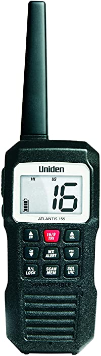 Uniden Atlantis 155 Handheld Two-Way VHF Marine Radio, Floating IPX7 Submersible Waterproof, Dual-Color Screen, All USA/International/Canadian Marine Channels, NOAA Weather Alert, 10 Hour Battery