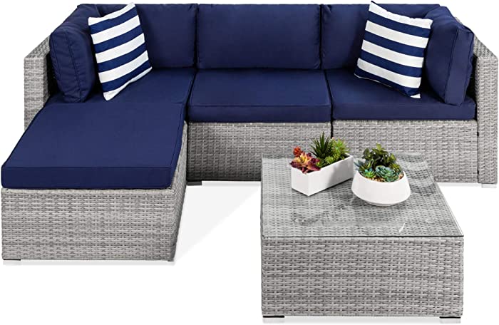 Best Choice Products 5-Piece Modular Conversation Set, Outdoor Sectional Wicker Furniture for Patio, Backyard, Garden w/ 3 Chairs, Ottoman Chair, 2 Pillows, 6 Seat Clips, Coffee Table - Gray/Navy