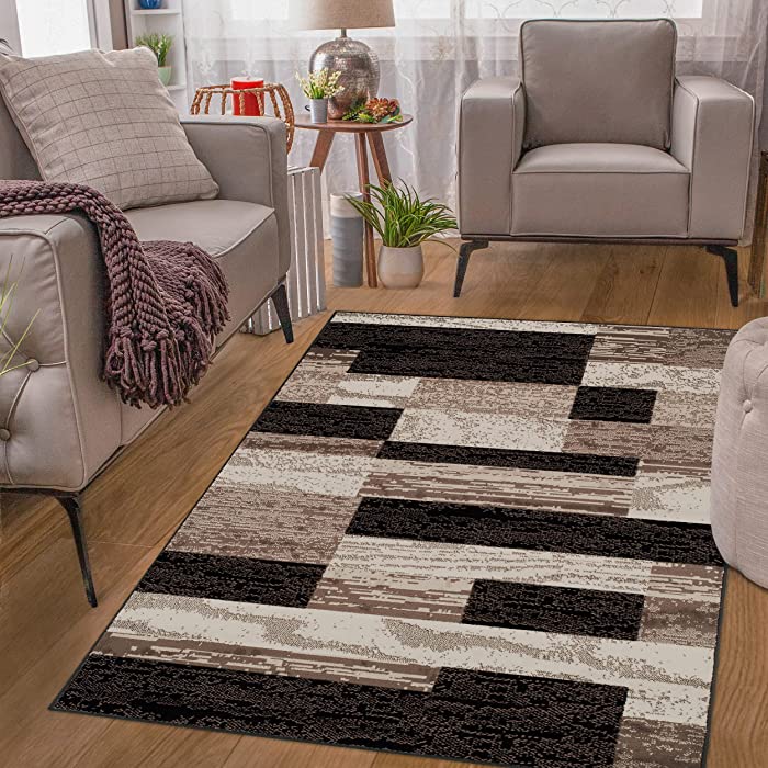 Superior Rockwood Modern Geometric Patchwork Polypropylene Indoor Area Rug with Jute Backing, 4' x 6', Chocolate