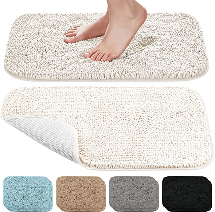 EdenHomes Chenille Bathroom Rug Mat, 24"x17" (Set of 2), Extra Soft, Non-Slip, Absorbent Shaggy Rug, Machine Washable, Quick Dry Bathmat, Luxurious Plush Carpet for Bath Room Floor (Cream White)