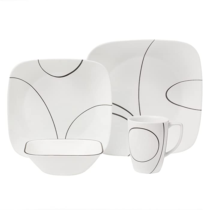 CORELLE 1092887 Simple Lines Square 16-Piece Dinnerware Set, Service for 4, Black/White