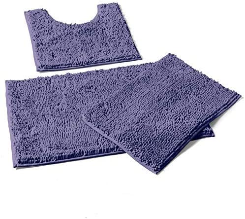 Purple Bathroom Rug Sets 3 Piece, Non-Slip Shaggy Chenille Bathroom Mat Set, Includes U-Shaped Contour Toilet Mat, 20 x 30'' and 16 x 24'' Bath Mat, Machine Washable (3 Pc Set - Style A, Blue-Purple)