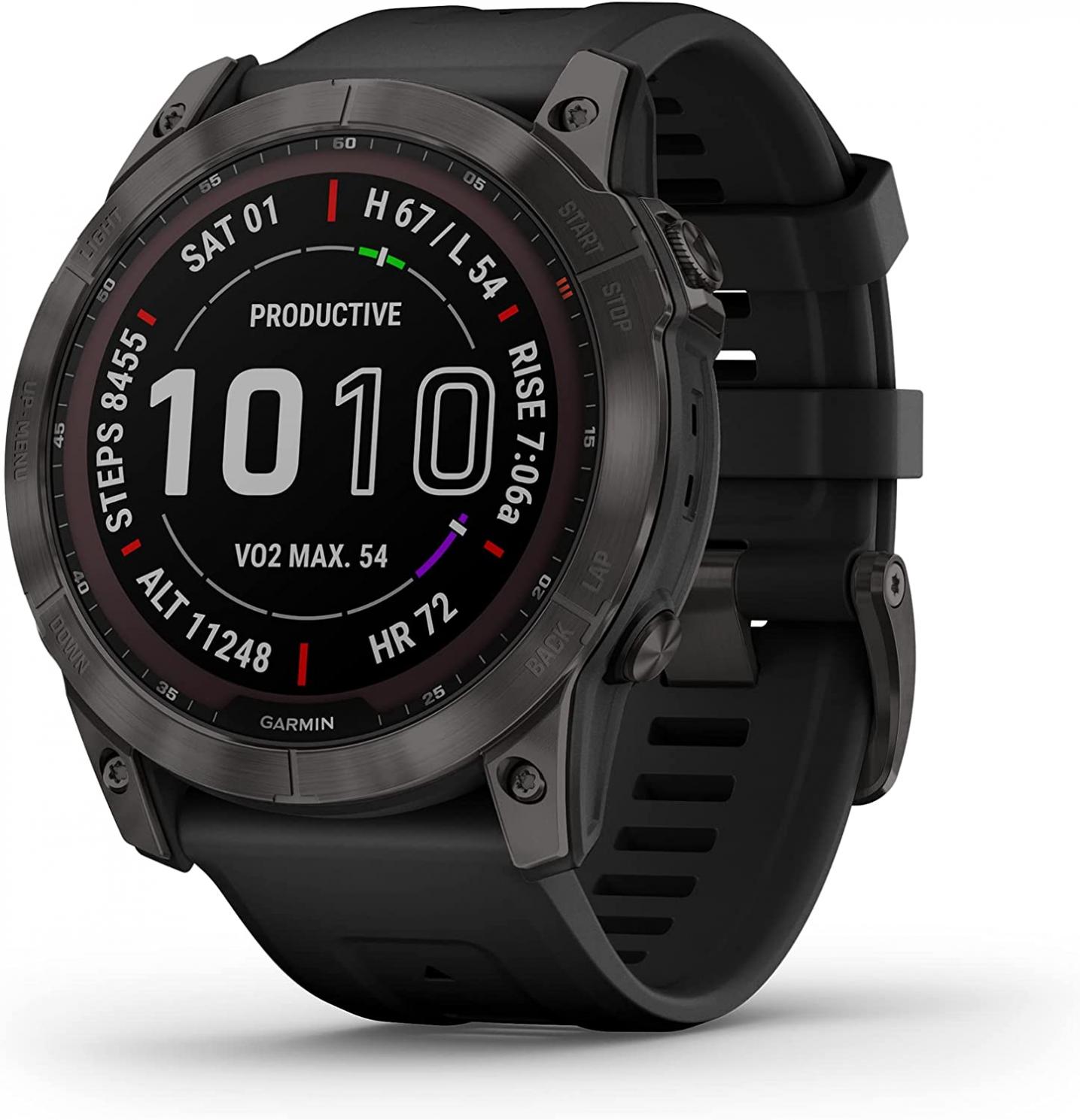 Garmin fenix 7X Sapphire Solar, Larger adventure smartwatch, with Solar Charging Capabilities, rugged outdoor watch with GPS, touchscreen, wellness features, carbon gray DLC titanium with black band