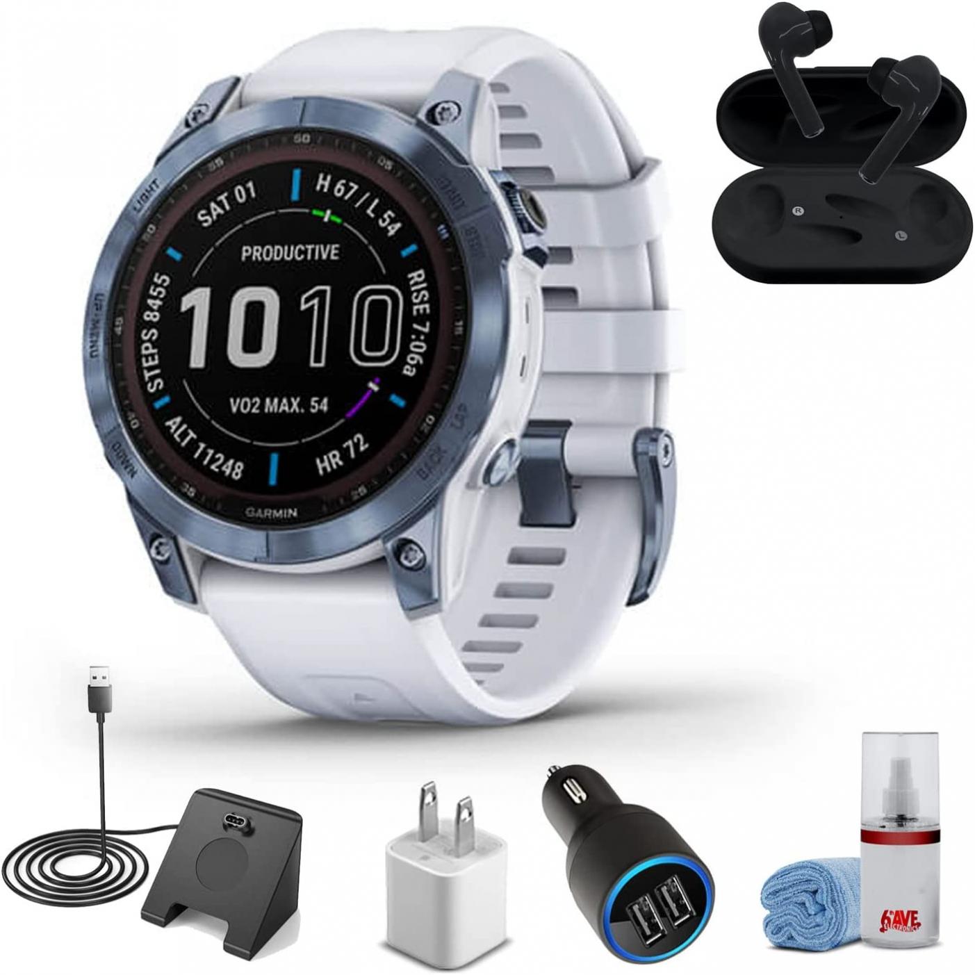 Garmin Fenix 7 Sapphire Solar Edition Smart Watch Mineral Blue Titanium with Whitestone Band + Wireless Headphones + Watch Charging Stand + USB Car/Wall Adapter + 6TH AVE Cleaning Kit (010-02540-24)